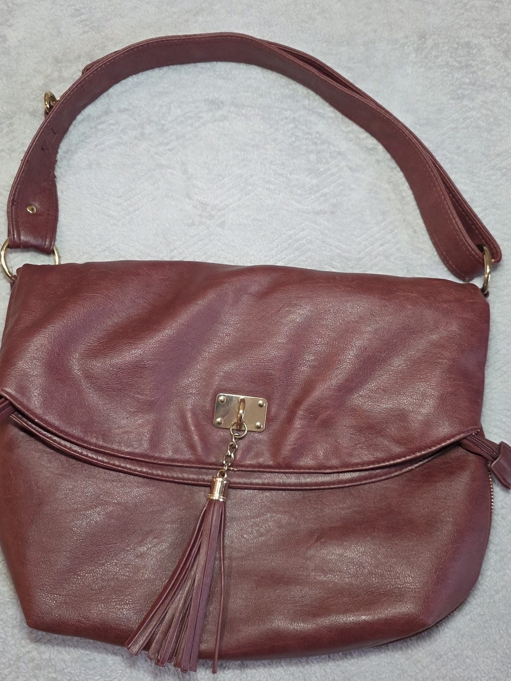 Burgundy Foldover Hobo Shoulder Bag Tassel Purse